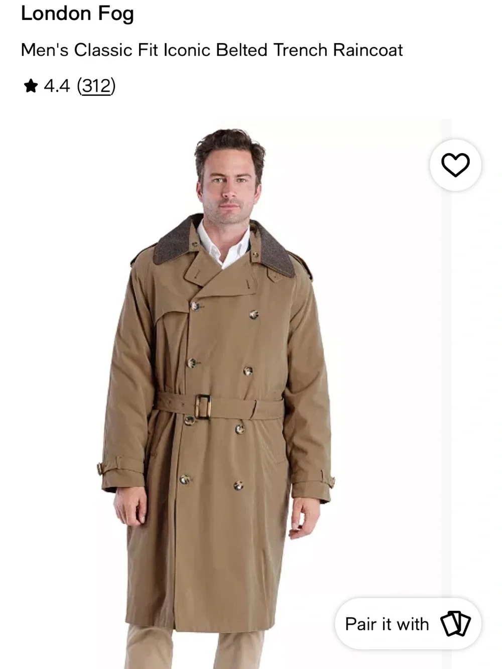 London Fog Signature Men’s 38R Double Breasted Belted Trench Coat w/ Liner